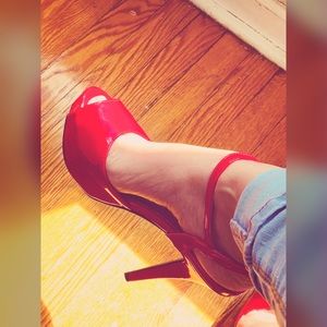 Sexy bright red peep toe platform heels